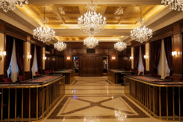 Główna sala kasyna z eleganckimi stołami do gry